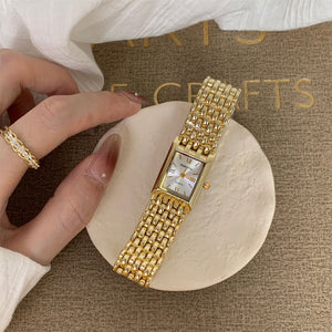 Golden Quartz Rectangular Watch For Women