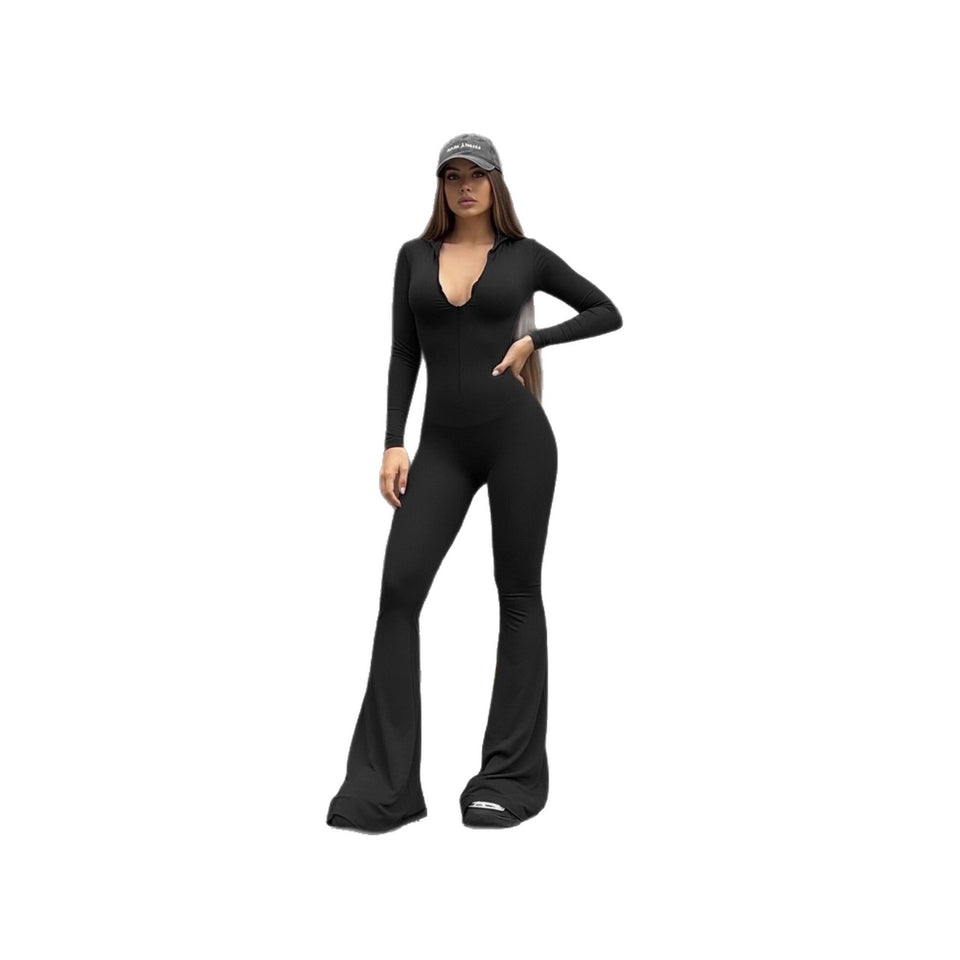 Long-sleeve Solid-color Deep Jumpsuit