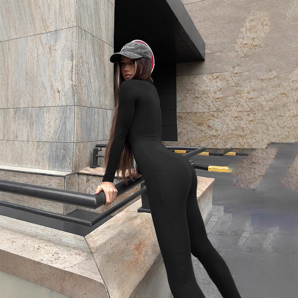 Long-sleeve Solid-color Deep Jumpsuit