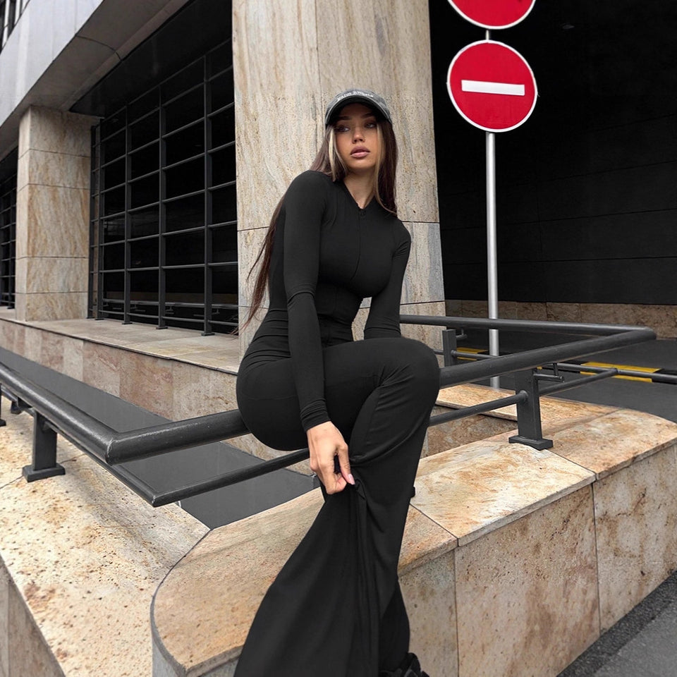 Long-sleeve Solid-color Deep Jumpsuit