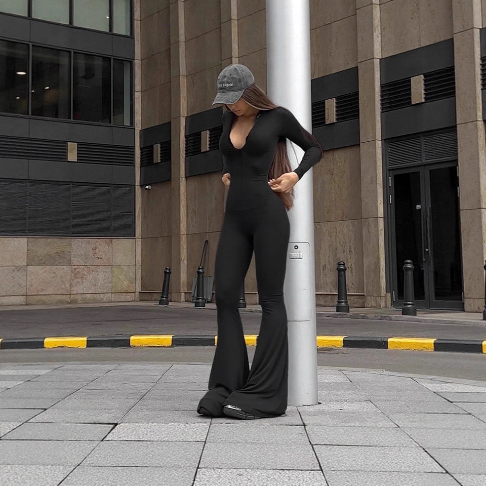 Long-sleeve Solid-color Deep Jumpsuit