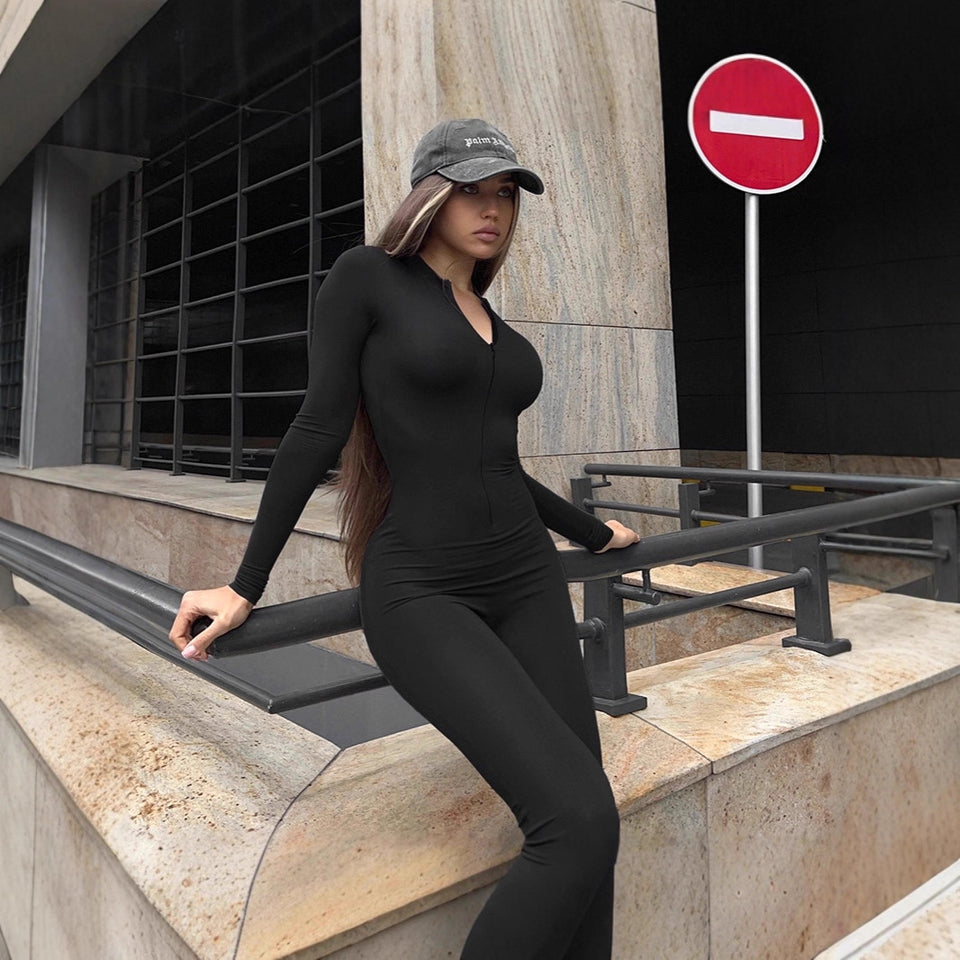 Long-sleeve Solid-color Deep Jumpsuit